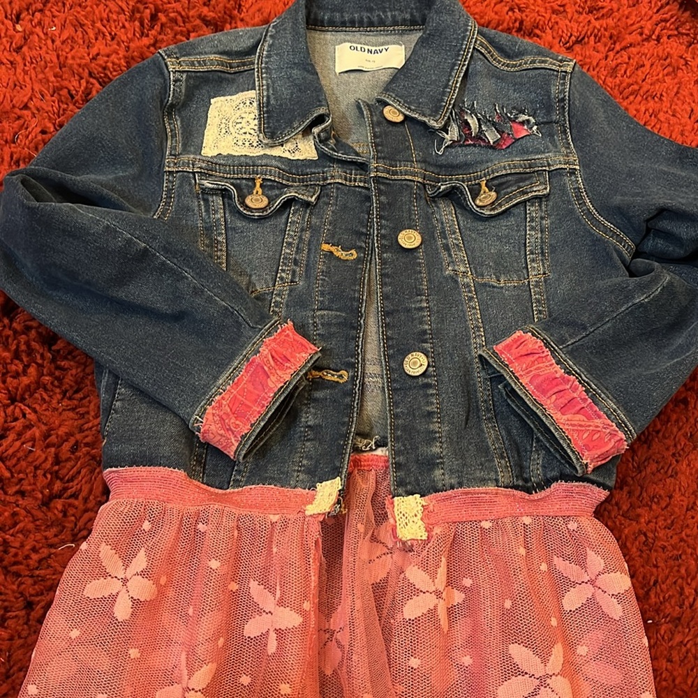 Custom Upcycled  Old Navy Pretty in pink little Girl denim jean jacket